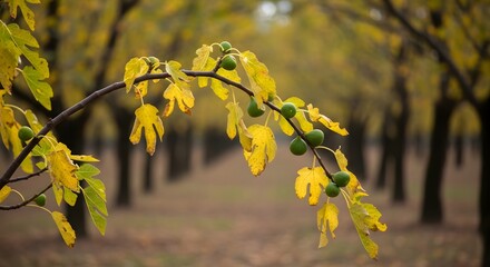 Fig Branch with Green Fruit and Yellow Leaves
