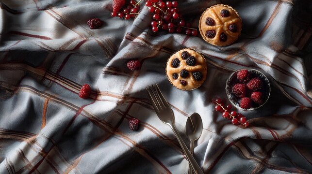 A checkered blanket with scattered berries, pastries, and minimalist cutlery, top-down shot