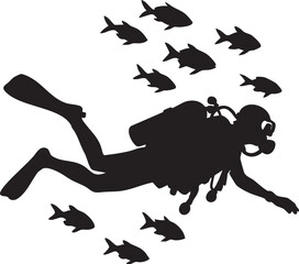 Vector Underwater Scene Featuring Scuba Diver and Marine Life in High-Contrast Silhouette Style