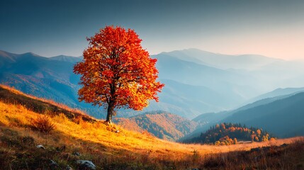 Fototapeta premium Beautiful autumn landscape with a lonely tree on the hillside.