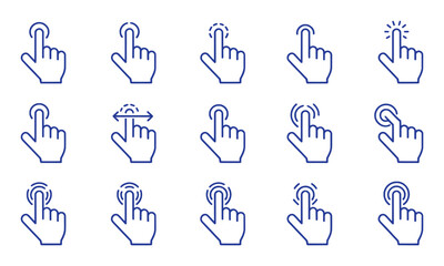 Blue hand pointer icons representing various touch gestures and interactions click