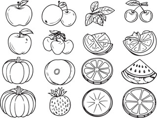 A collection of hand-drawn fruit and vegetable icons. Vector set of outline illustrations including apple, cherry, citrus, pumpkin, and watermelon.