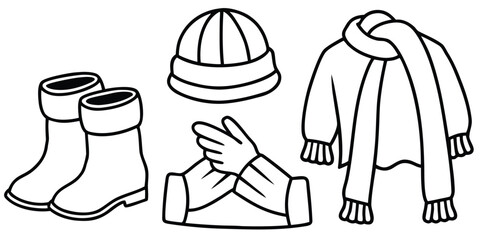 Collection of winter clothing items including boots hat scarf and gloves in a simple line drawing