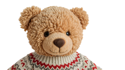 Cozy teddy bear with festive sweater on isolated background  adorable toy for holidays