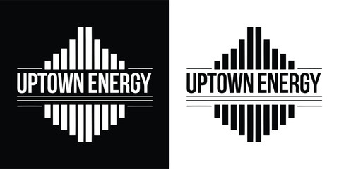 Modern uptown energy text graphic with equalizer bars in black and white geometric style for urban t shirt design