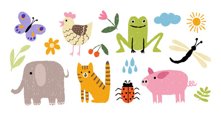 Kids drawing illustration, children naive scribble set of cute cartoon animals. Crayon sketch with frog, elephant, pig, cat, chicken, beetle and flowers with leaves