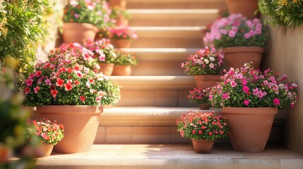 Fototapeta premium Terracotta pots filled with vibrant cascading flowers adorn a stunning staircase garden under bright natural light.
