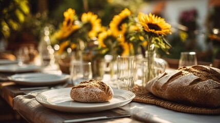 A intimate alfresco dinner with sunflowers, rustic loaves, and white ceramic plates