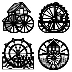 Fototapeta premium Four different watermill designs in black and white featuring wheels and buildings in a graphic style