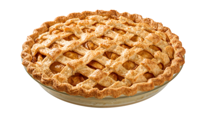 Delicious golden apple pie with lattice crust in glass pie dish on isolated background