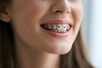 Close-up of a young woman's bright smile with metal braces on her teeth, showcasing healthy gums and lips.