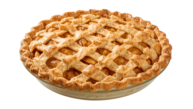 Delicious golden apple pie with lattice crust in glass pie dish on isolated background