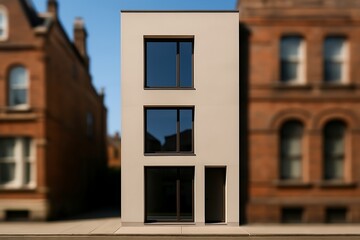 Fototapeta premium A modern building facade stands out with its sleek design and clean lines, showcasing contemporary urban architecture in a residential area