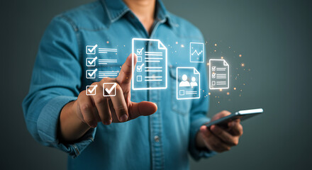 Businessman interacting with digital documents and checklist icons on a dark background using a smartphone and touch interface
