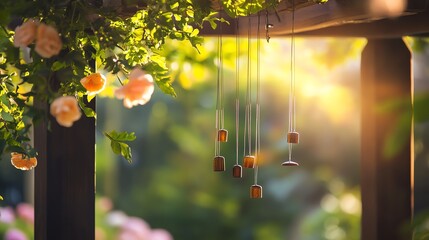A serene scene featuring decorative garden wind chimes gently swaying from a pergola, surrounded by vibrant flowers in a soft breeze.