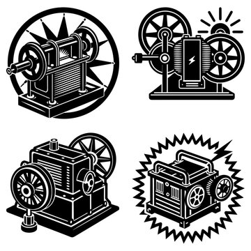 Four distinct black and white engine illustrations with wheels and mechanical components displayed clearly