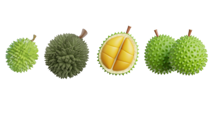 A collection of realistic 3D durian fruit illustrations, featuring whole, unripe, and sliced variations isolated on a white background.