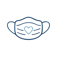 Heart symbol on medical face mask in line art style  