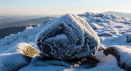 Snow Covered Rock Mountain Summit on Winter Day