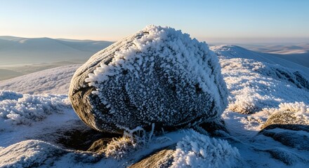 Snow Covered Boulder in Mountain Landscape