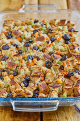 Thanksgiving stuffing made with celery, onion, carrots, sage and torn bread