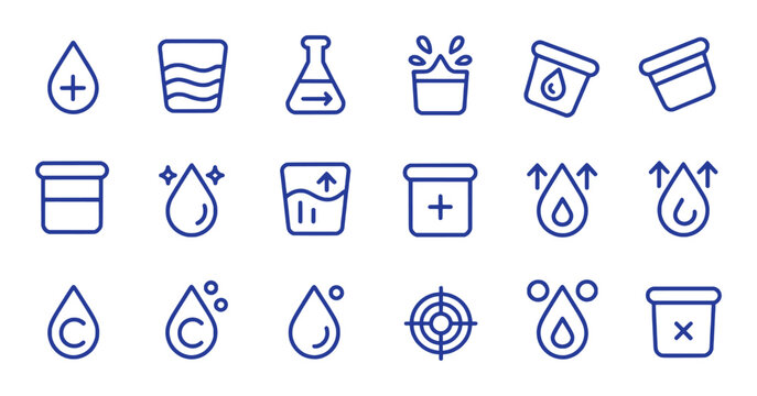 Blue liquid droplet icons and laboratory glassware symbols water clean