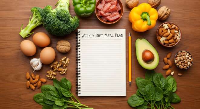 Healthy eating plan ingredients surround a blank weekly diet meal planner.