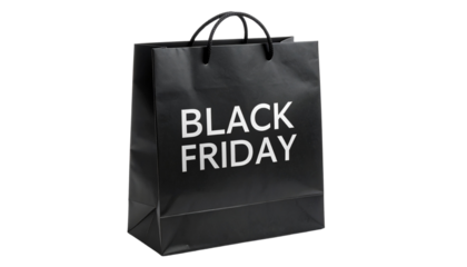 Black friday shopping bag closeup sale event essential for retail discounts and consumer excitement isolated on solid white background Png