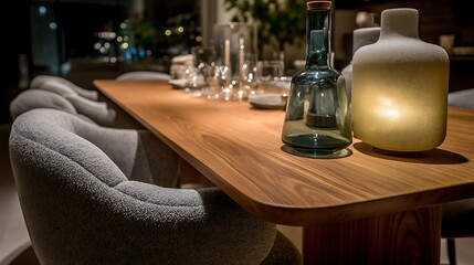 Fototapeta premium Warmly lit dining table set for a dinner party, featuring elegant chairs and decor
