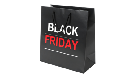 Black friday shopping bag closeup sale event essential for retail discounts and consumer excitement isolated on solid white background Png form