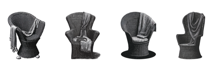 Vintage Wicker Chair With Draped Fabric Set. Retro Home Decor Furniture Collection Illustration Isolated On Transparent Background