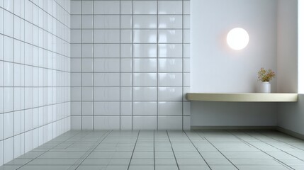 Minimalist white tiled bathroom with wall light and small countertop vase