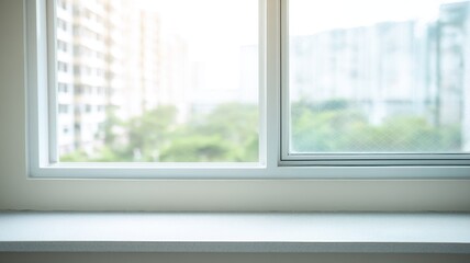 Fototapeta premium A large window frames a modern urban space with snow covered rooftops under overcast skies,