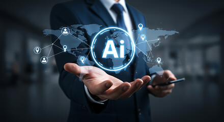 Businessman holding a glowing ai interface with a world map and connection nodes symbolizing global artificial intelligence and technology