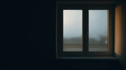 Fototapeta premium A dimly lit room with a central window featuring dark reflective panes, white frame contrasting shadowed walls,