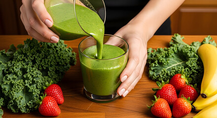 A person pouring a vibrant green smoothie into a glass, surrounded by fresh fruits and vegetables.