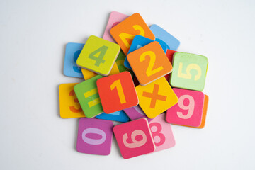 Number wood block cubes for learning Mathematic, education math.