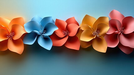 Vibrant row of colorful paper flowers in orange blue red yellow and pink aligned on soft blue background symbolizing beauty diversity creativity and delicate artistic expression