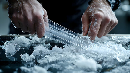 Close-up of hands using a tool to carefully remove ice.  Hands manipulate a plastic tool, breaking apart ice on a dark surface.  A close view of the process
