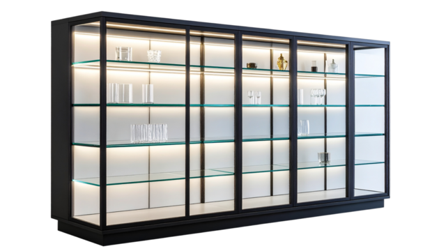 Modern glass display cabinet with lighting for home decoration showcasing items with clear shelves and sleek design