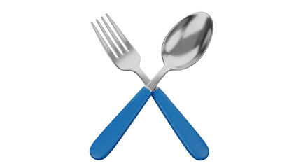 Crossed silver fork and spoon with blue handles isolated on transparent background