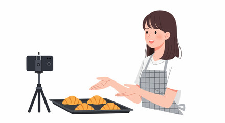 A young woman in an apron vlogs about baking fresh croissants with her smartphone on a tripod.
