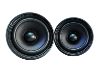 Two dark gray/black speaker cones, close-up view,  show detailed texture and subtle color variations