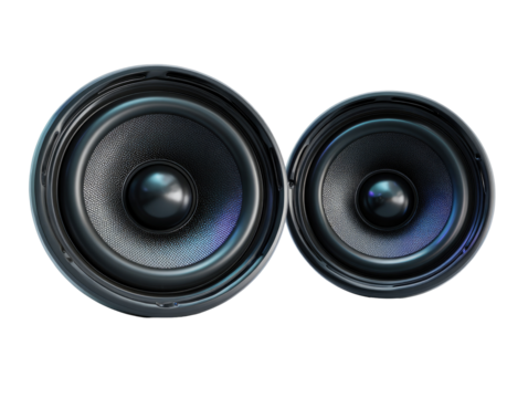 Two dark gray/black speaker cones, close-up view,  show detailed texture and subtle color variations