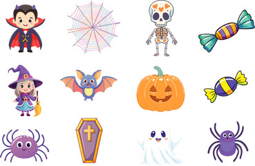 A collection of cute Halloween characters and elements, perfect for the spooky season. The assortment includes various delightful illustrations of Halloween themed objects. 