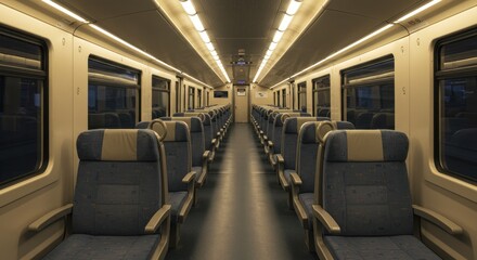 Empty train interior; lined with blue seats, windows, and illuminated ceiling lights
