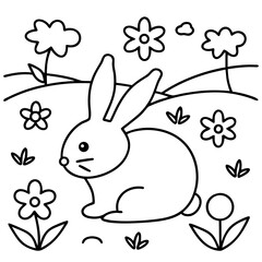 Obraz premium Cute rabbit sitting among flowers in a simple outline illustration 