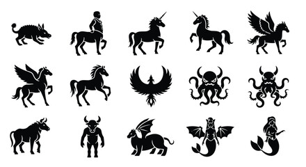 Vector silhouette illustration mythical creatures silhouette collection featuring a horse, phoenix, and dragon
