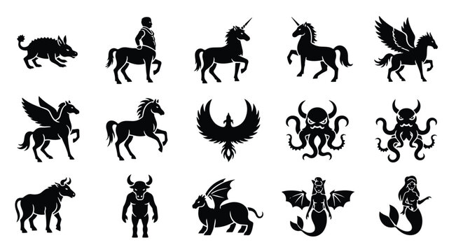 Vector silhouette illustration mythical creatures silhouette collection featuring a horse, phoenix, and dragon
