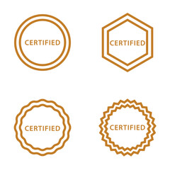 Set of orange certified stamp icons with geometric shapes—circle, hexagon, and wavy edges. Perfect for quality assurance, product certification, or official label in modern line style.